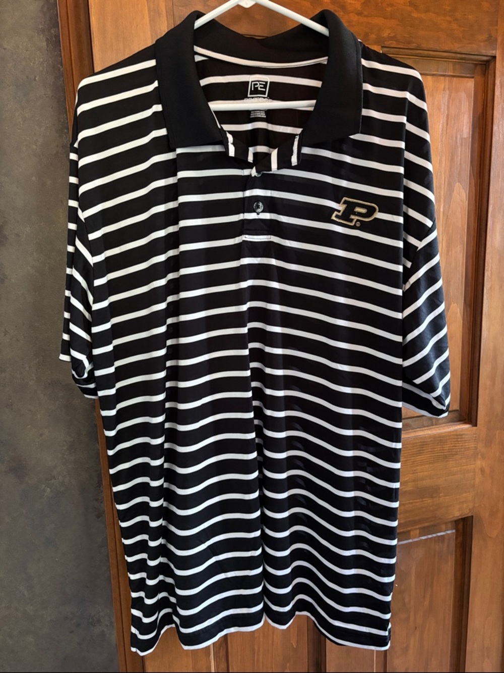 Pro Edge Purdue Black and White Striped Polo with P Logo